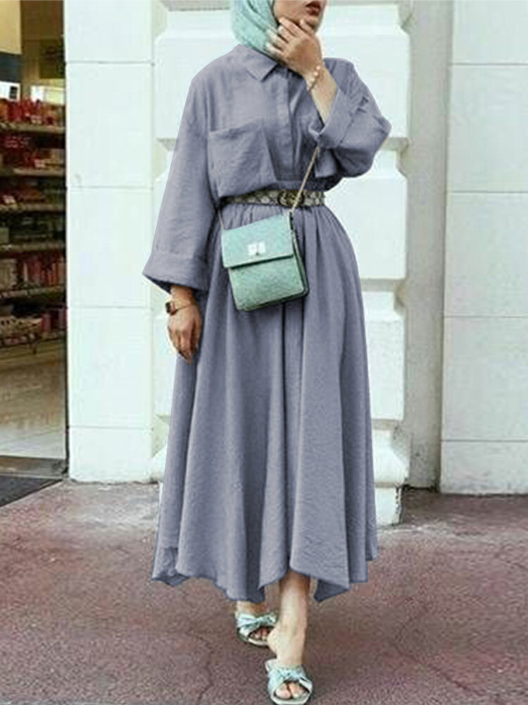 Women Elegant Front Pockets Design Irregular Hem Maxi Dress