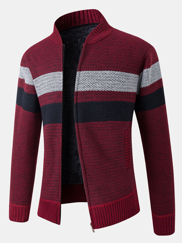 

Mens Patchwork Zip Front Rib-Knit Plush Lined Cotton Cardigans With Pocket