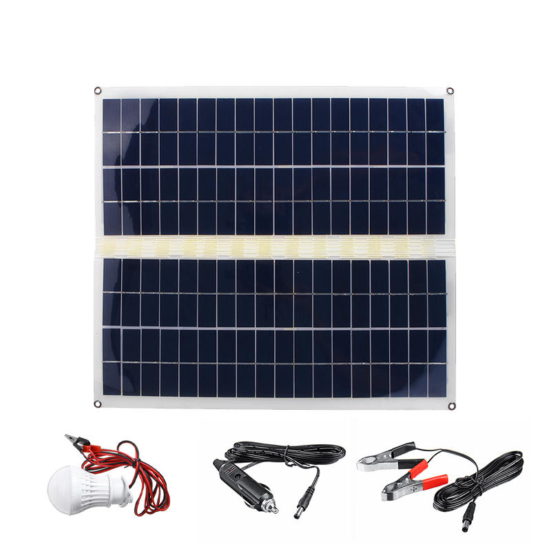 Sistema di pannello solare pieghevole da 30W con doppia USB e DC 12V/5V + caricatore per auto + clip a coccodrillo + lampadina per campeggio