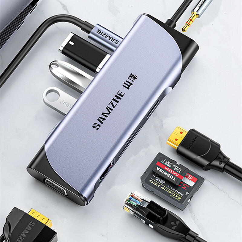 SAMZHE DK-S10 10 in 1 USB-C naar Type-C/HDMI/USD3.0/PD HDMI Adapter Docking Station Hub PD Snel opla