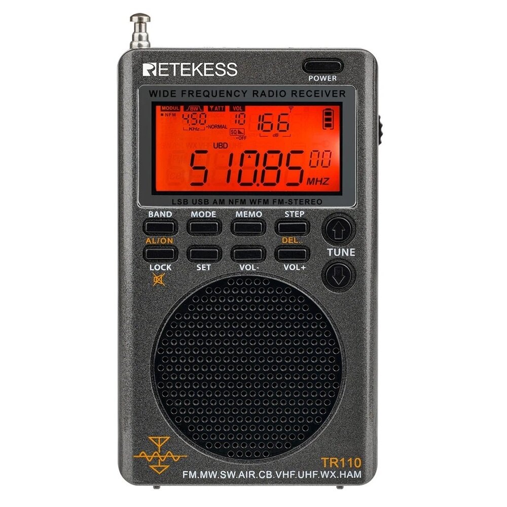 

Retekes TR110 Radio Portable SSB Shortwave Radio FM/MW/SW/LSB/AIR/CB/VHF/UHF Full Band NOAA Alert Digital Radio Receiver
