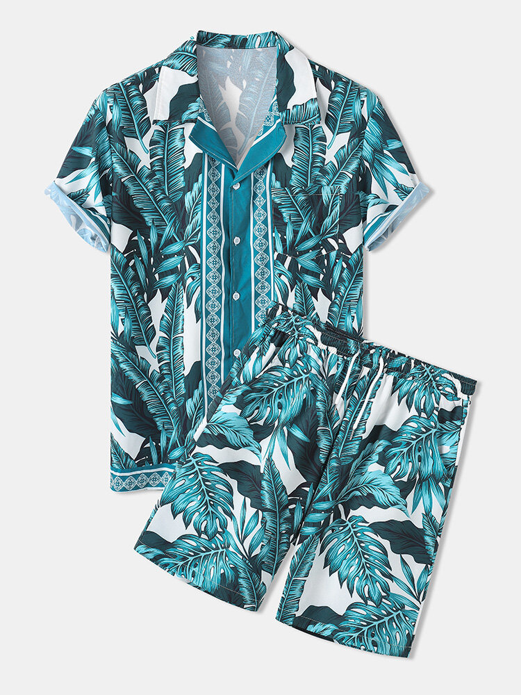 Mens Revere Collar Tropical Leaf Pattern Baroque Two Piece Outfits