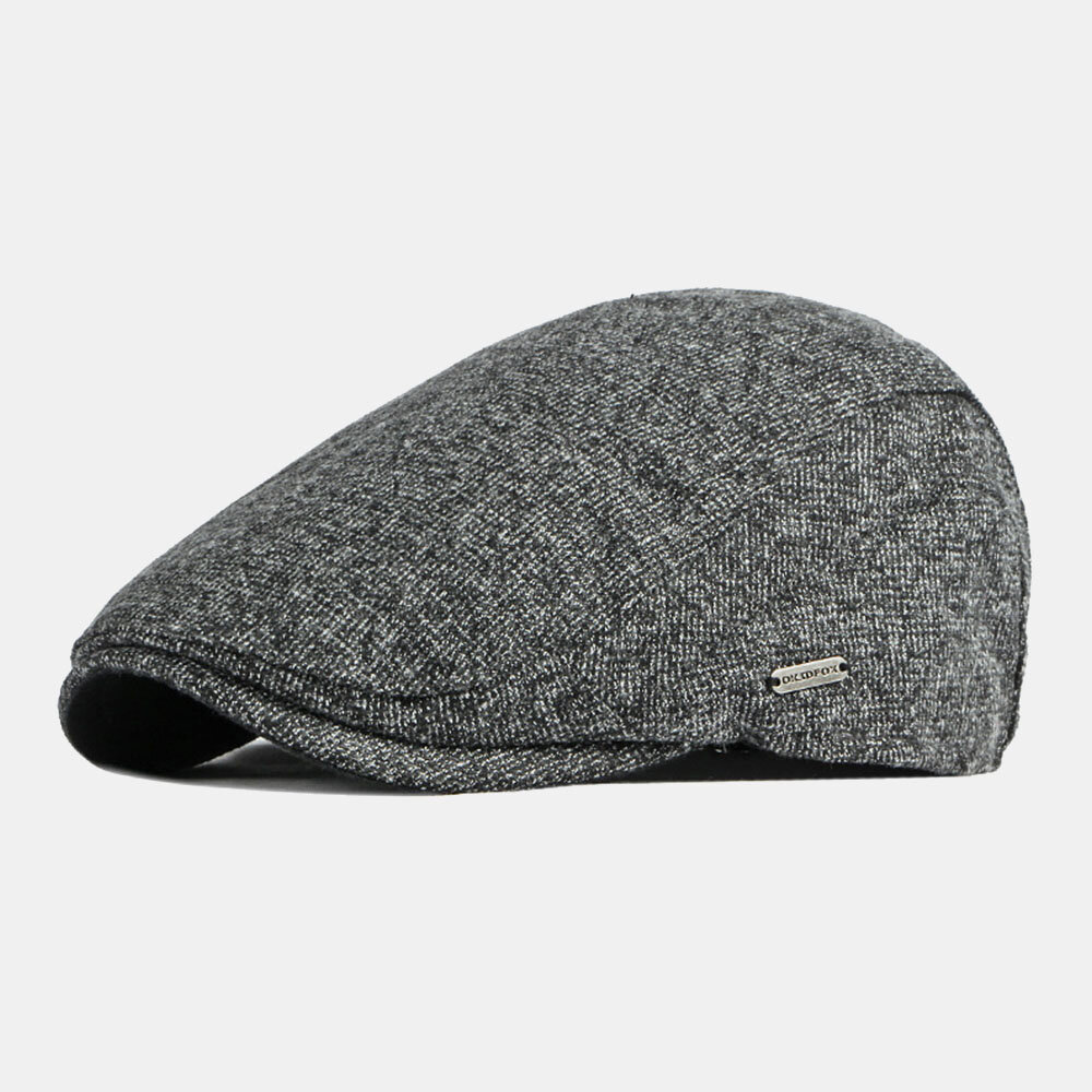 

Men Newsboy Cap Polyester Cotton Adjustable Thickened Solid Letters Metal Label Warmth British Forward Hat Beret Flat Ca