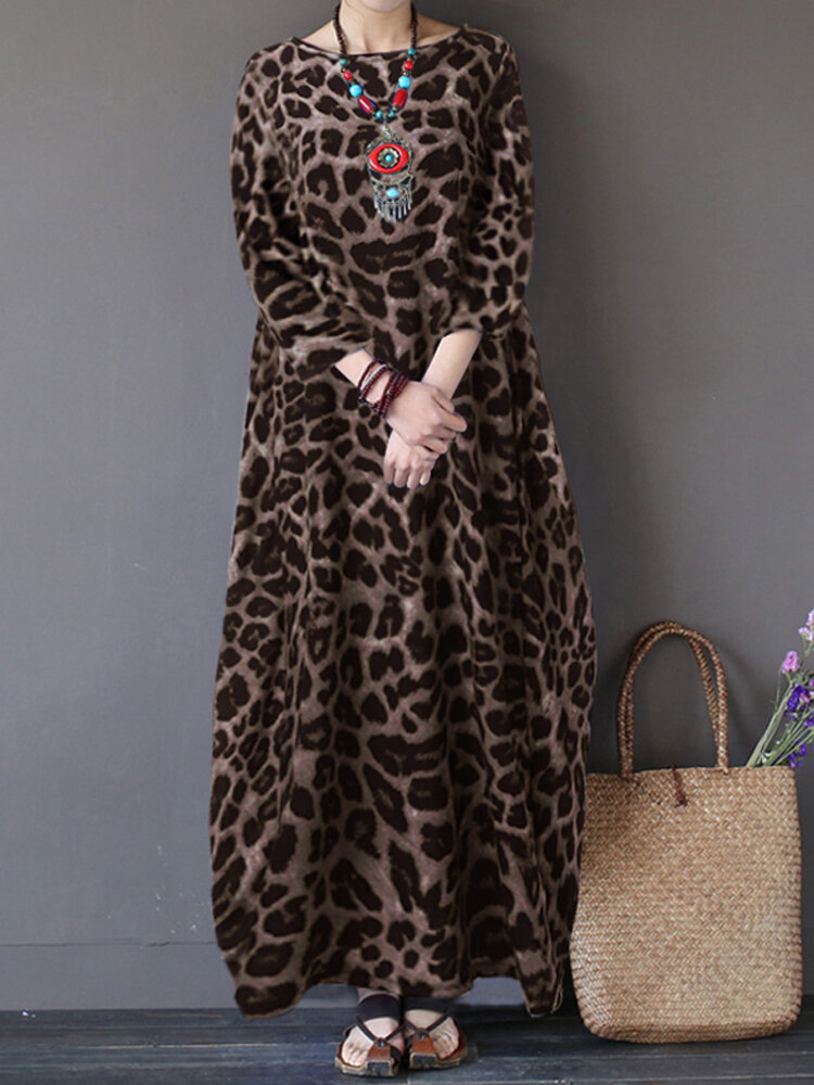 Women Leopard Print Crew Neck Loose Baggy Maxi Dress