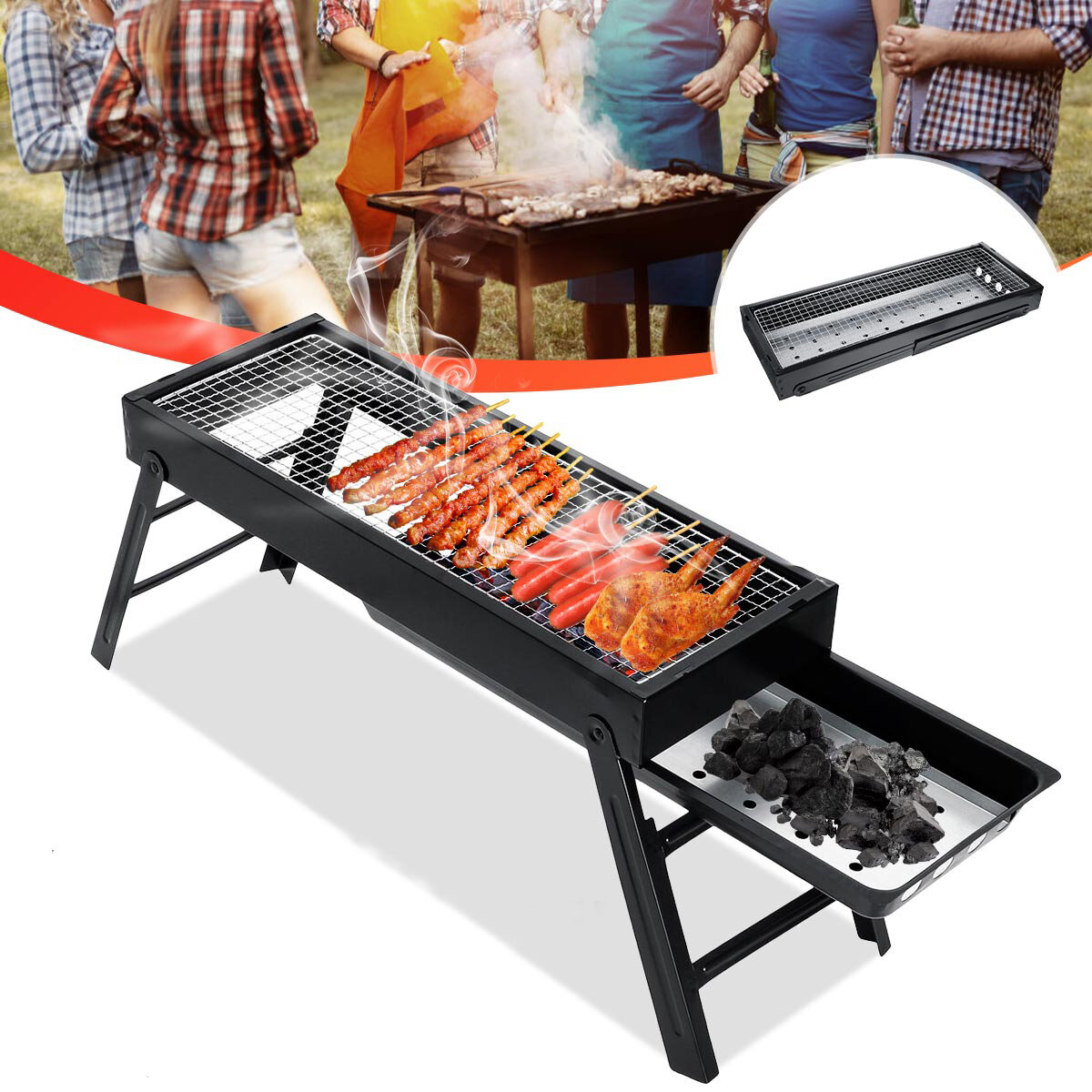 Parrilla de hierro plegable para barbacoa de patio de 60x23x33cm, parrilla de carbón, estufa para cocinar al aire libre para acampar y hacer picnic