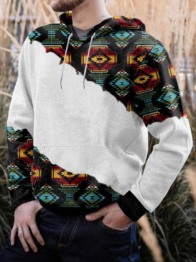 Heren geometrisch patroon patchwork kangoeroe zak vrije tijd hooded sweatshirt