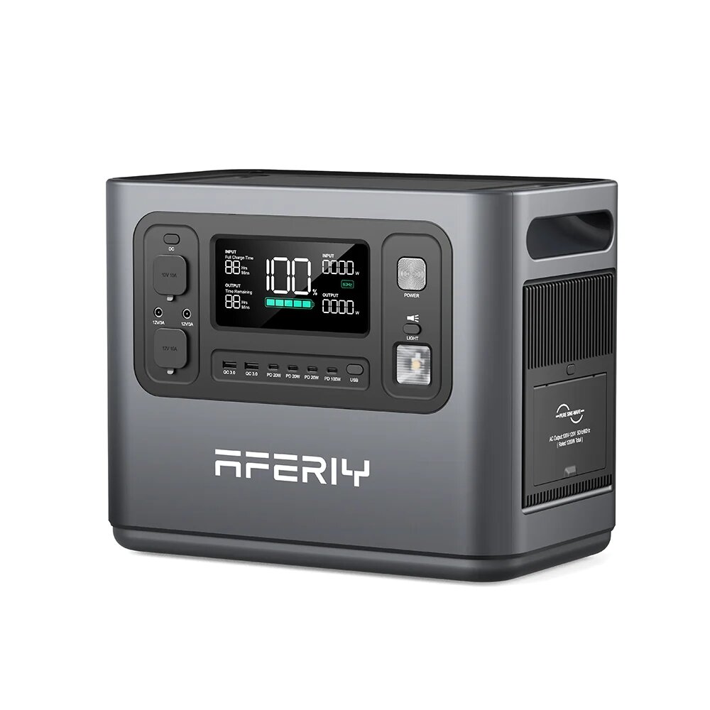 [US Direct] Aferiy P110 1200W 1248Wh LiFePO4 Bärbar Kraftstation UPS Ren sinusvåg 14 Outputs, Fully Recharge in 1.5 Hours with LED Light Solar Generator for Outdoor Camping Home Emergency Backup Power