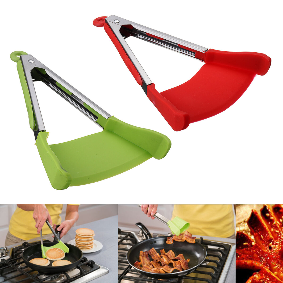 2 in 1  Non-stick Clever Tongs Heat Resistant Silicone Spatula Cooking Food Clip Camping Picnic BBQ