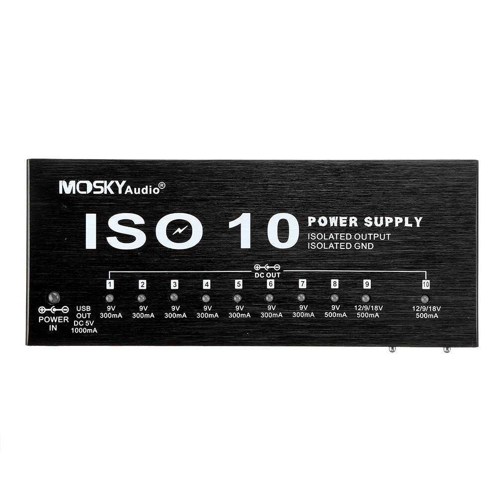 

MOSKY ISO-10 Portable Guitar Effect Power Supply 10 Isolated DC Outputs & One 5V USB Output for 9V 12V 18V Guitar Effect