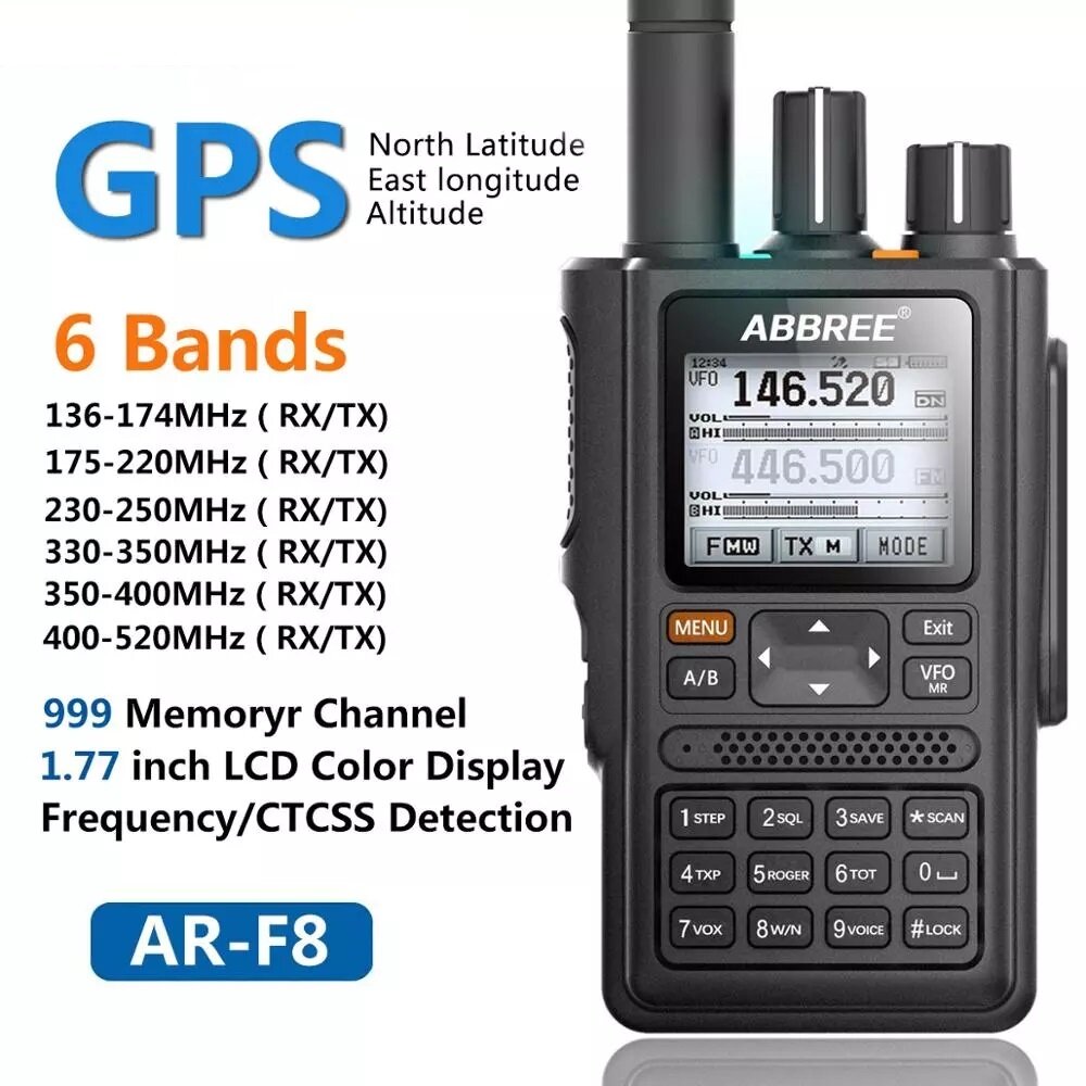 

ABBREE AR-F8 GPS Walkie Talkie High Power 6 Brands Частота 136-520 МГц Обнаружение CTCSS DNS LED Дисплей