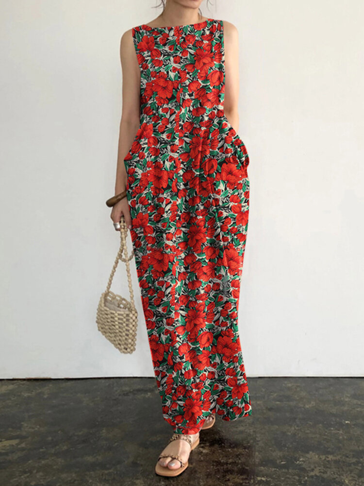 Mouwloze maxi-jurk met zak en bloemenprint met ronde hals