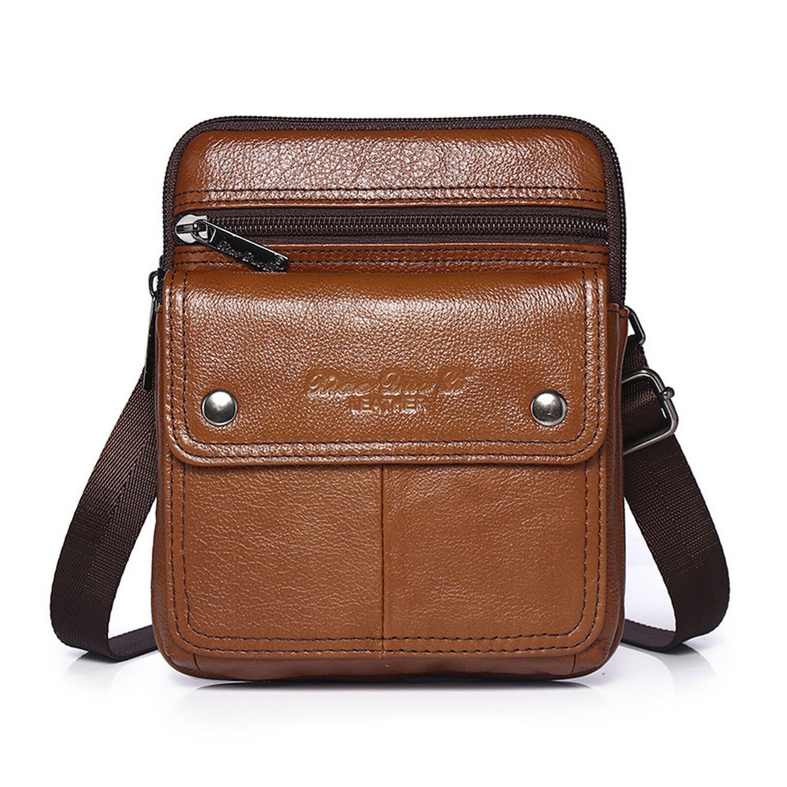 Menico Men Cowhide Multi-compartment Zipper Shoulder Bag Crossbody Bag Outdoor Casual Vintage Messen