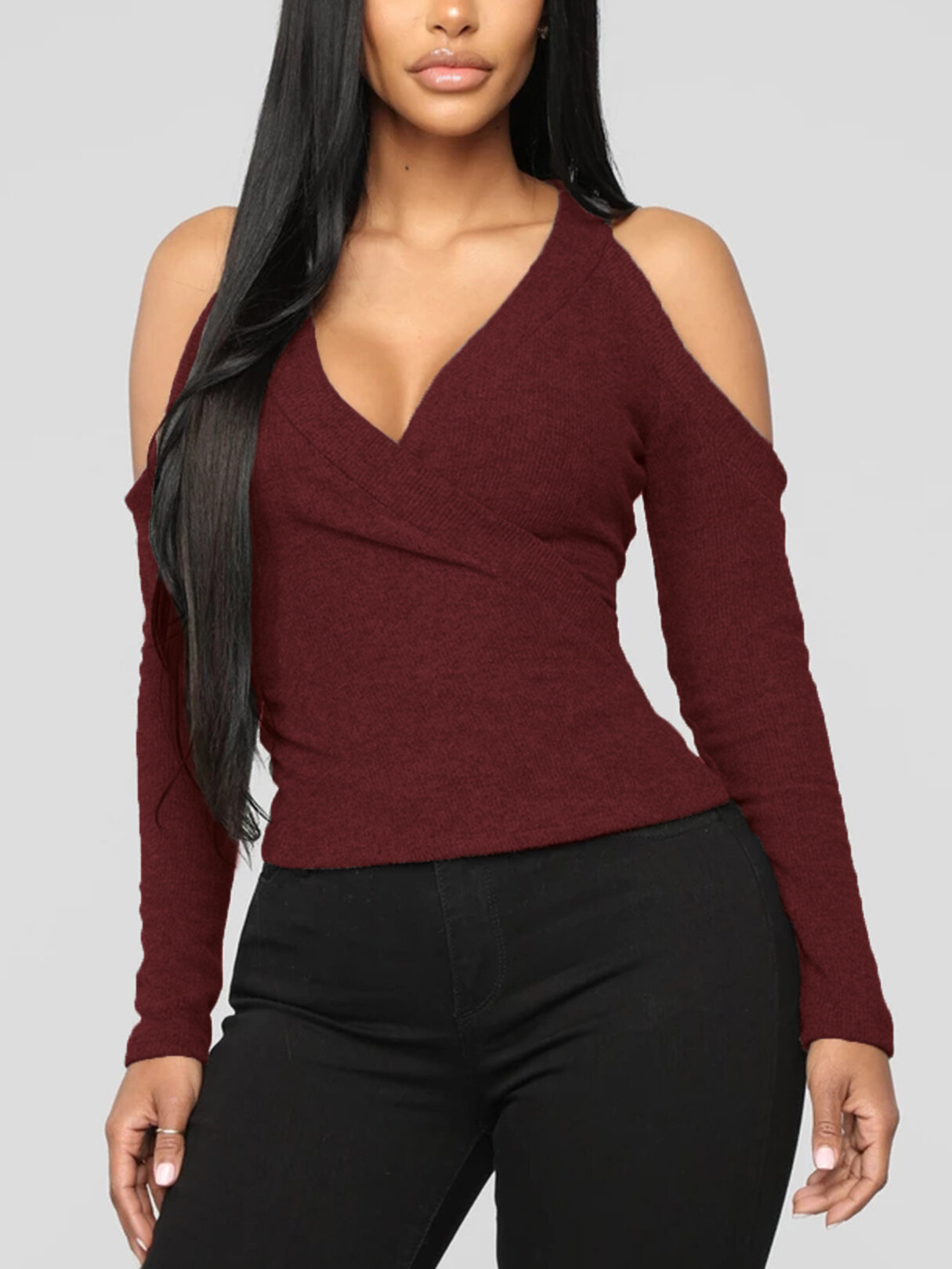 Women Solid Color Strapless V-neck Long Sleeves T-shirts