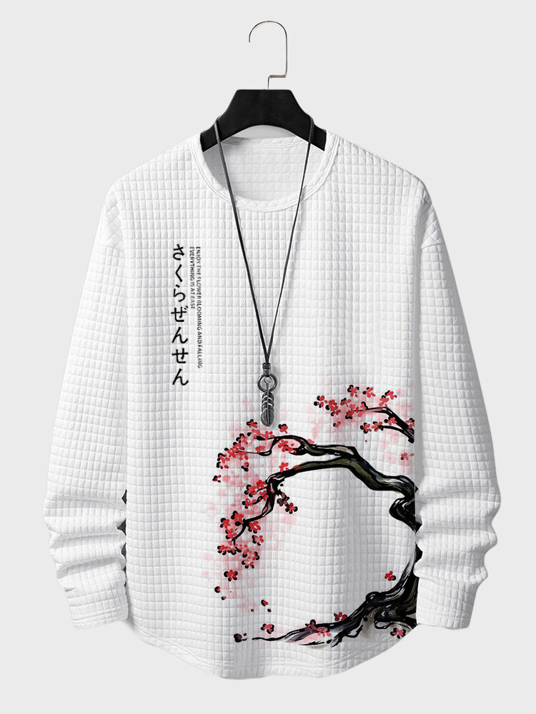 Mens Japanese Cherry Blossoms Print Texture Curved Hem Long Sleeve T-Shirts