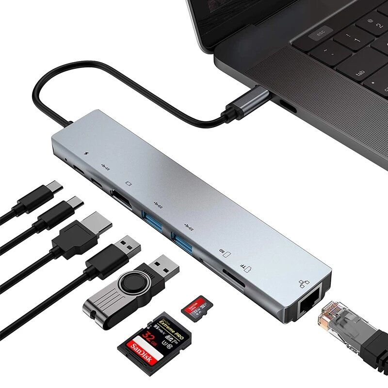 

8 IN 1Multi-function Type-C HUB Adapter USB 3.1 Type-C To 4K HDMI USB 3.0 RJ45 TF SD Card Reader with PD Charging Dock