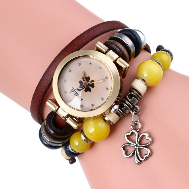 Retro stijl vintage quartz horloge versierd aanwijzer klavertje vier hanger kralen multi-layer armband horloge