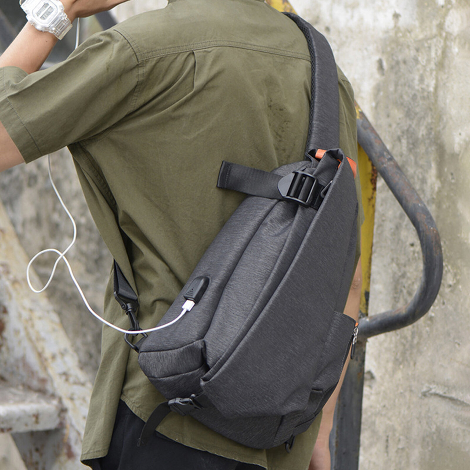 Men Oxfords Cloth Sport Waterproof USB Charging Design Crossbody Bag Adjustable Strap Casual Chest B