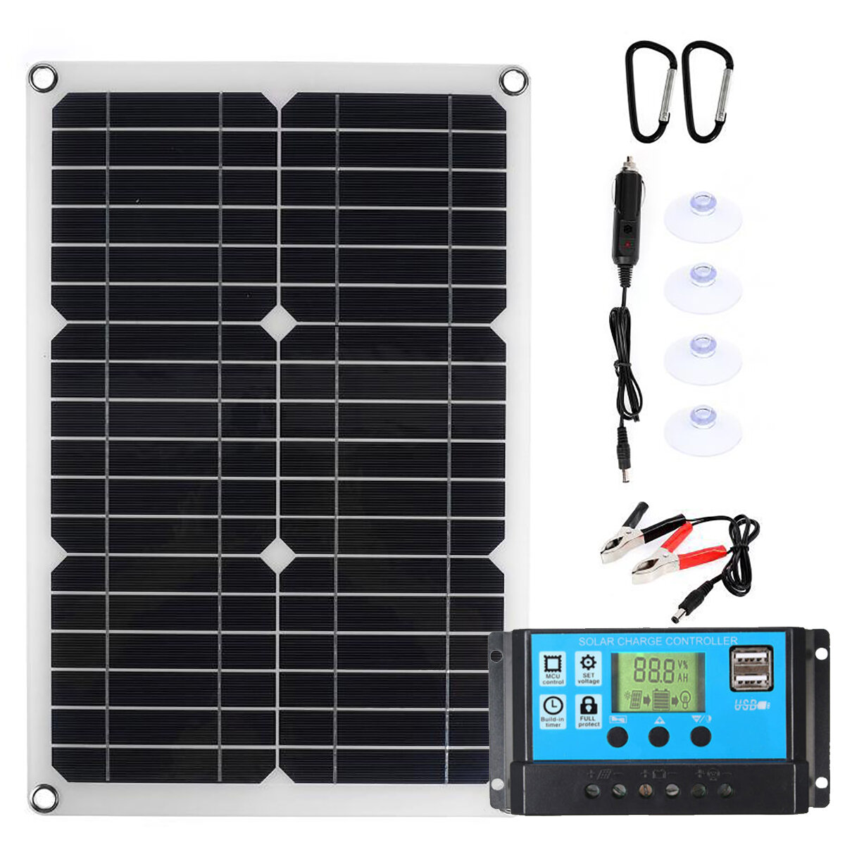 Painel Solar Portátil de 30W 18v, Kit de Carregador Solar Multifuncional à prova d'água para Situações de Emergência em Viagens ao Ar Livre, Acampamentos, RVs