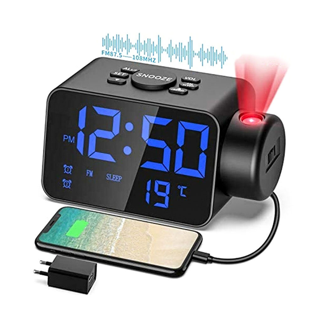 

LED Projection Alarm Clock FM Radio Snooze Mode Electronic USB Rechargeable Alarm Clock Time Temperature Display Desktop
