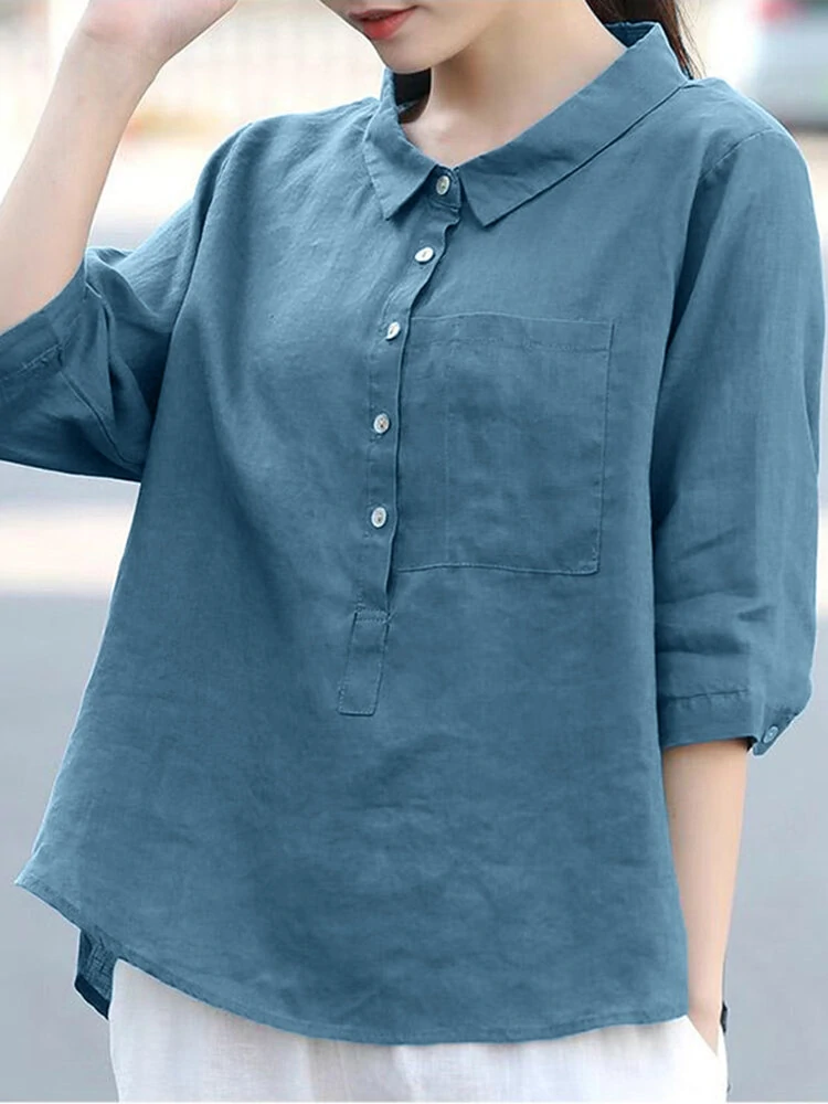 Solid button front half placket pocket 3/4 sleeve lapel blouse
