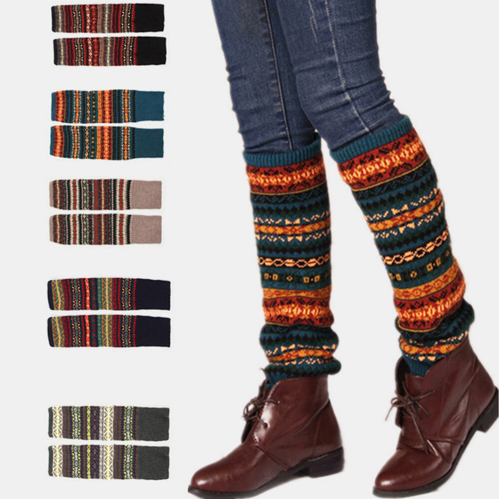 Women Wool Plus Thicken Keep Warm Stripe Pattern Winter Boots Cover Leggings Socks Stockings