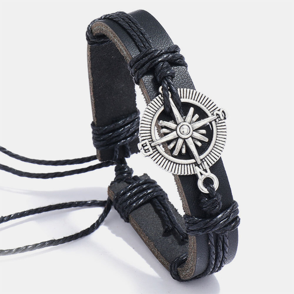 1 Pcs Vintage Casual Alloy PU Leather Adjustable Bracelet Personality Hand Woven Bracelet