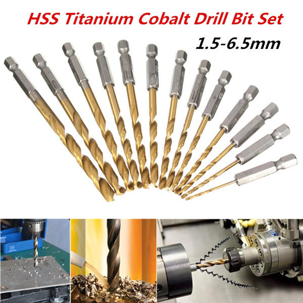13x Drill Bit Set Titanium Coated HSS High Speed Steel Hex Shank For Wood Steel