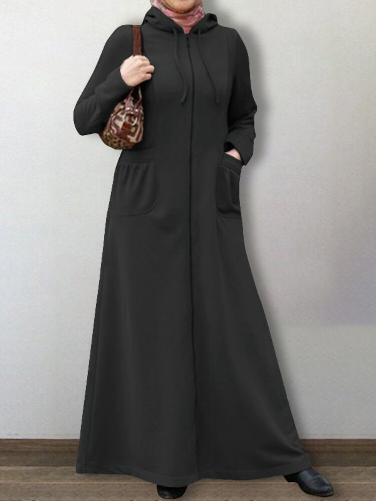 Women Abaya Kaftan Hooded Solid Color Ankle Length Casual Midi Dresses