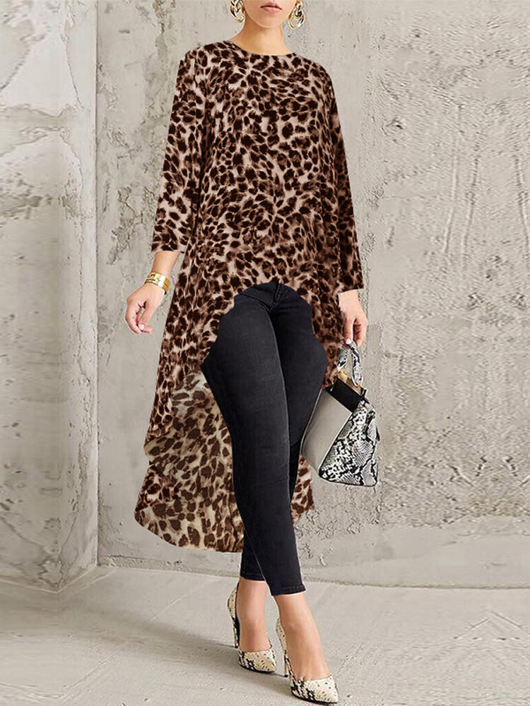 Casual losse ronde hals lange mouw luipaardprint hoge lage zoom blouse voor dames