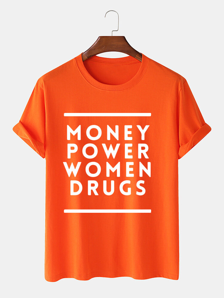 Heren Money Power Letter Print Katoenen O-hals Casual Los T-shirt met korte mouwen