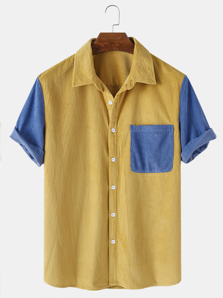 

Banggood Design Mens Corduroy Patchwork Colorblock Regular Fit Short Sleeve Shirts With Pocket