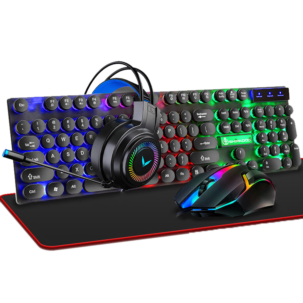 4-in-1 Keyboard + Mouse + Headset + Mouse Pad Set 4Pcs Gaming Kit 104 Keys LED breathing Backlight Mechanical Feel Gamin