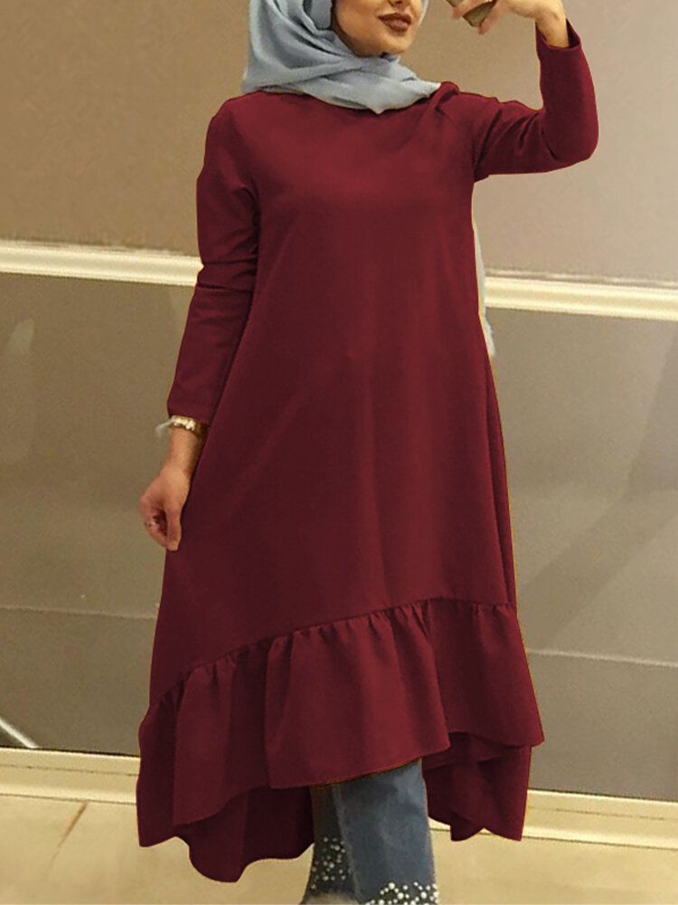 Women Solid Color Ruffled High Low Hem Full Sleeve O-Neck Midi Dress With Pocket