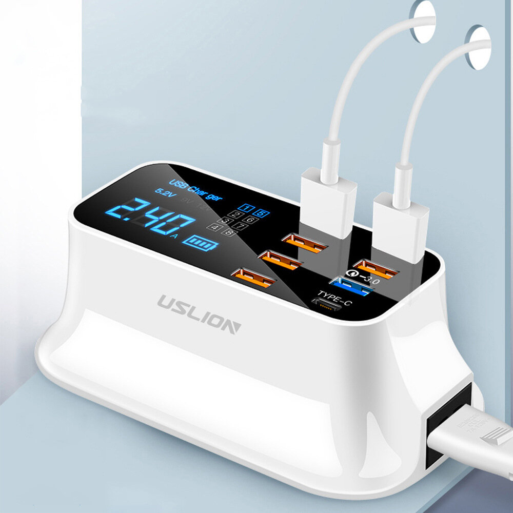 USLION US Plug 8-Port USB Charger Docking Station 18W PD3.0 Power Delivery Type-C Port LED Digital D
