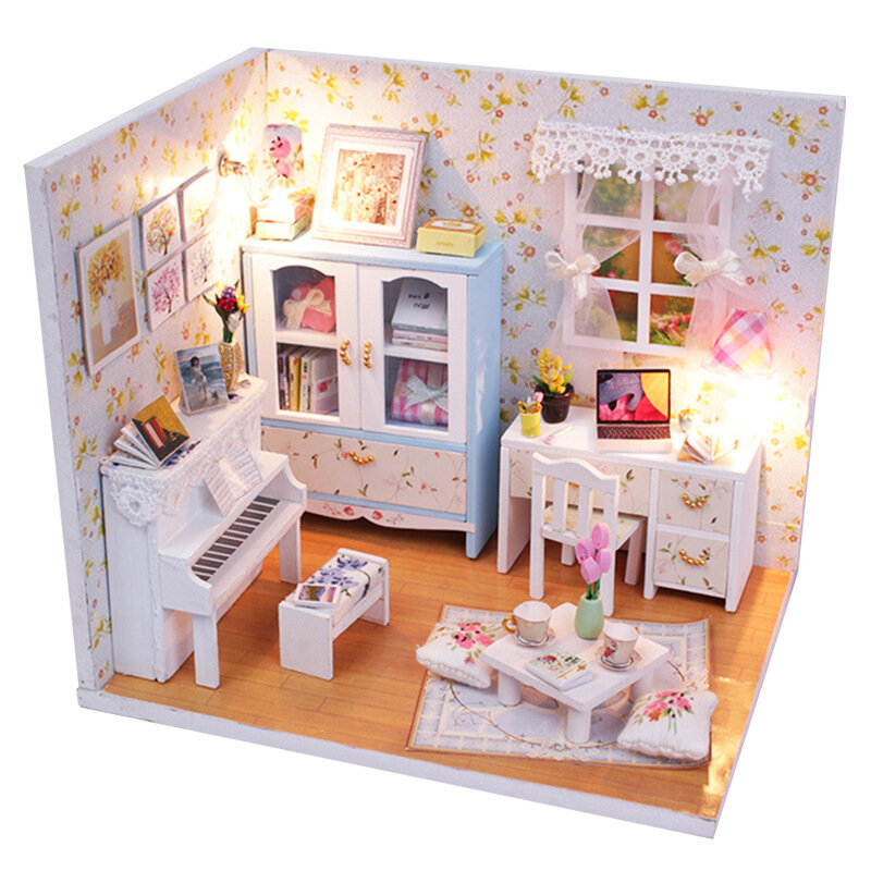 Wooden DIY Handmade Assemble Miniature Doll House Kit Toy with LED Light Dust Cover for Gift Collect