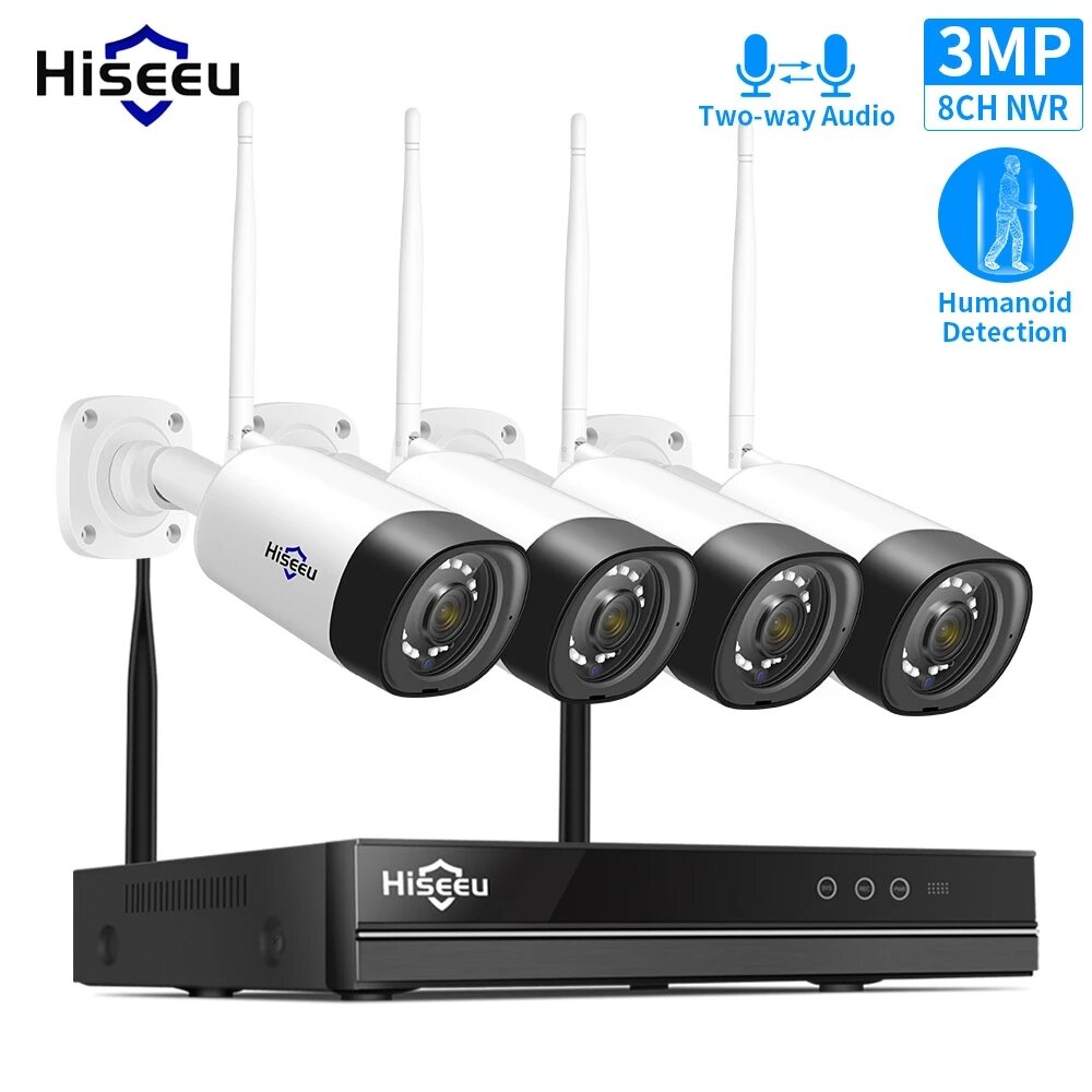 Hiseeu WNKIT-4HB312 8CH 3MP 1536PWireless CCTV Security System NVR KitIR Outdoor Audio Recorrd IP Camera Waterproof