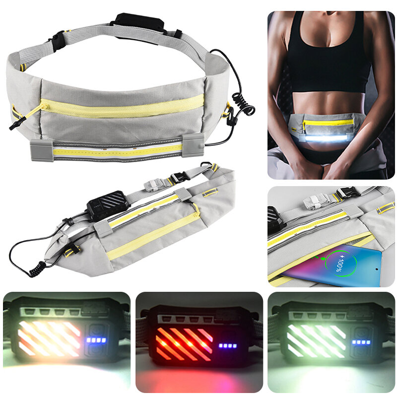 Bolsa de cintura com luz LED à prova d'água, bolsa esportiva unissex, bolsa de cintura para corrida
