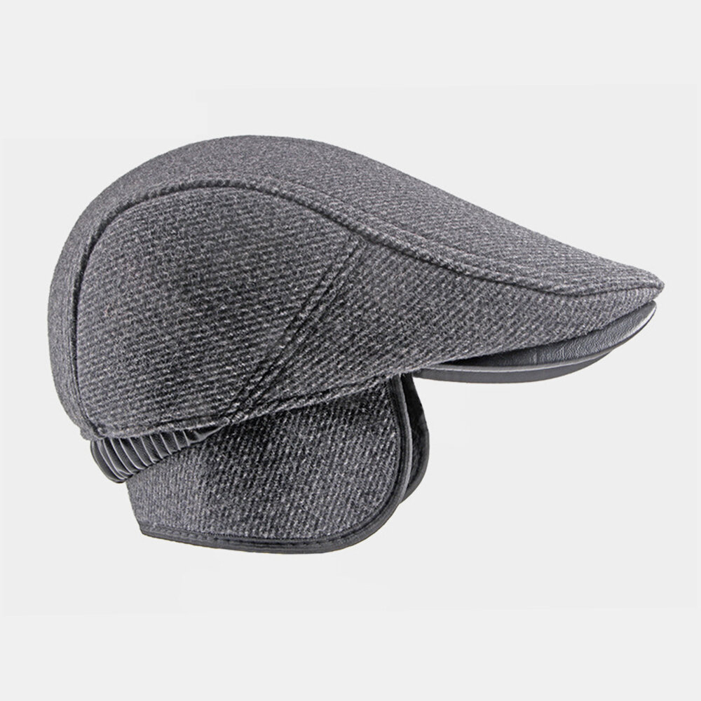 

Men Felt Plus Thick Keep Warm Solid Color Casual Brief Ear Protection Forward Hat Beret Hat