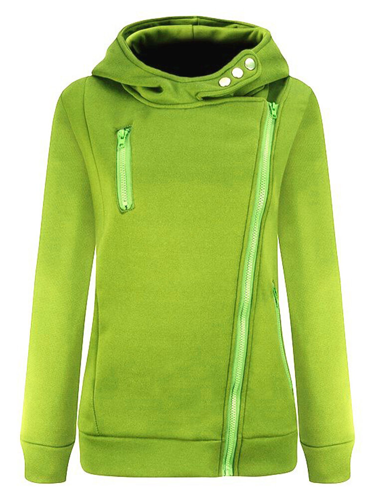 women solid color side zipper hooded long sleeve sweatshirt at Banggood
