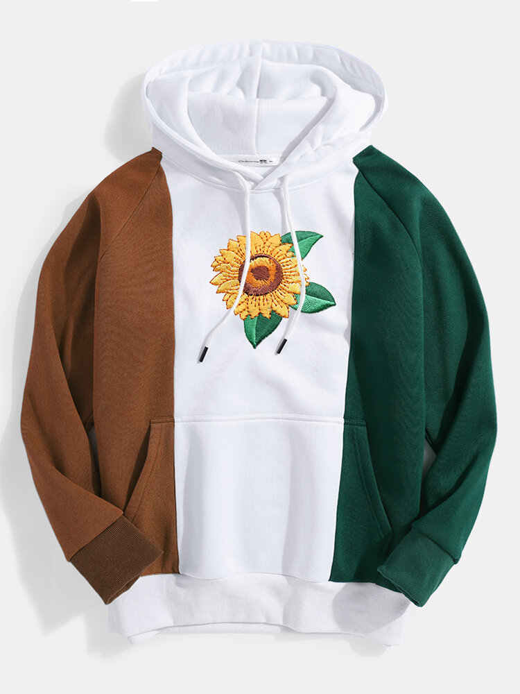 

Mens Sunflower EmbroideryContrast Color Patchwork Long Raglan Sleeves Hoodies
