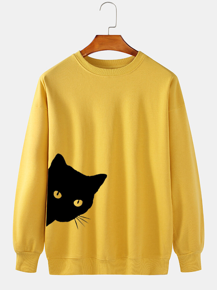 Heren zwarte kat print 100% katoen ronde hals casual pullover sweatshirt