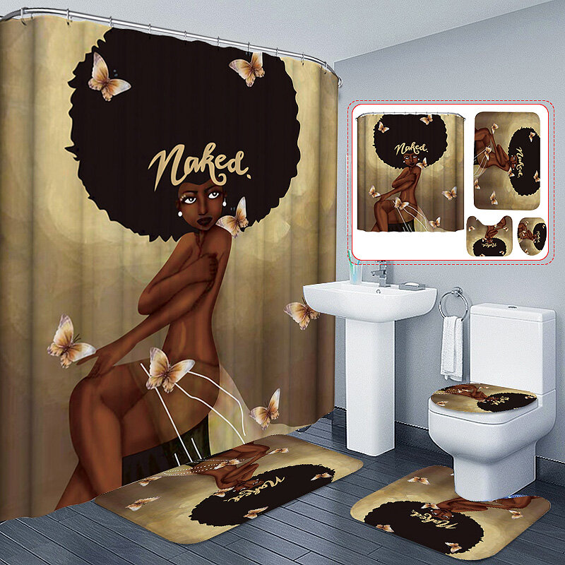 African Exploding Hair Girl Pattern Shower Curtain Waterproof Bathroom Non-slip Bath Pad Pedestal Rug Lid Toilet Cover M