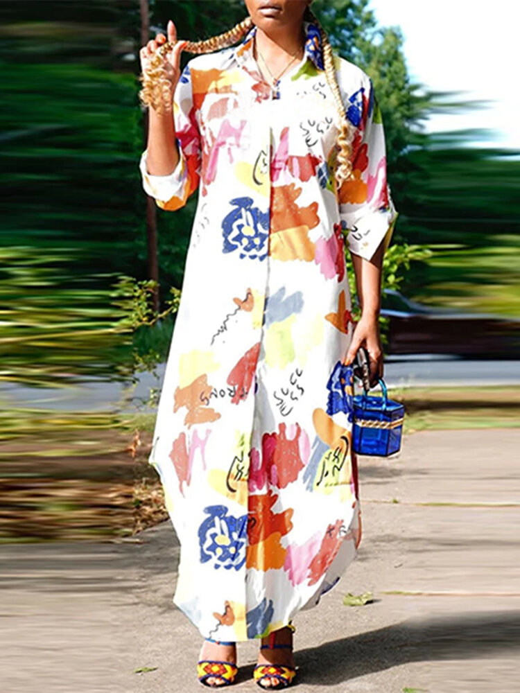 

Geo Color Block Шаблон Пуговица с длинным рукавом Maxi Рубашка Платье