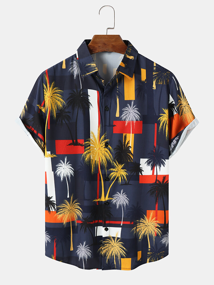 Men Colorful Geometric Coconut Tree Short Sleeve Shirts