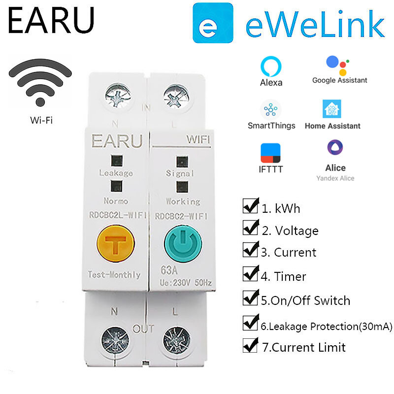 EARU 2P Smart WIFI Energy Circuit Breaker Meter Power Consumption kWh Meter Timer Switch Relay Voltmeter Works With Alex