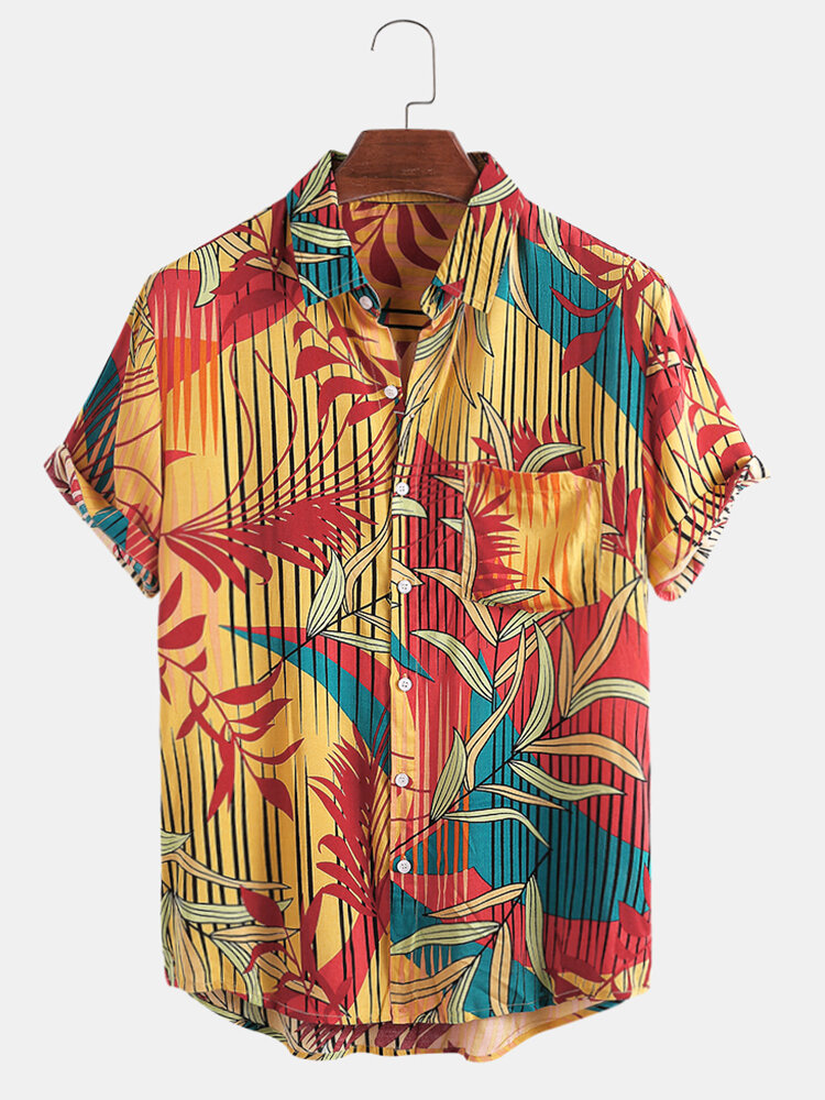 Verticale lijn bladeren herenprint Colorful Hawaii Holiday shirts met korte mouwen