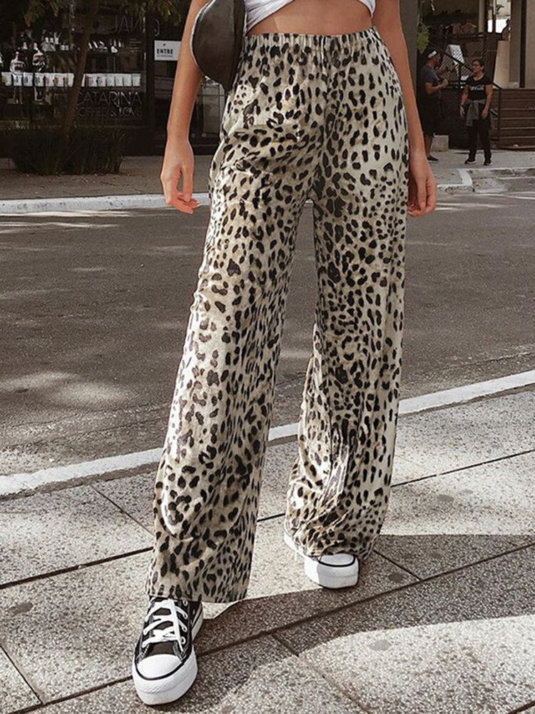 Luipaard geplooide elastische taille casual broek voor dames