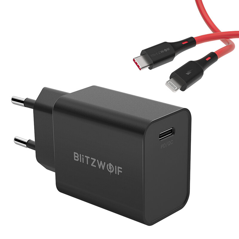 

BlitzWolf® BW-S12 Зарядное устройство USB-C PD, 27 Вт + BW-CL2 3A Кабель USB-C - Lightning PD для iPhone 12 Mini / 12 Pr