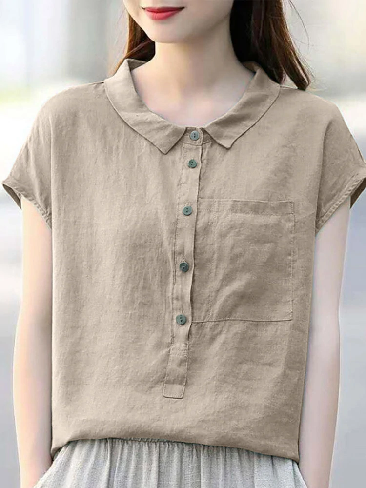Solid cotton button front pocket lapel short sleeve blouse