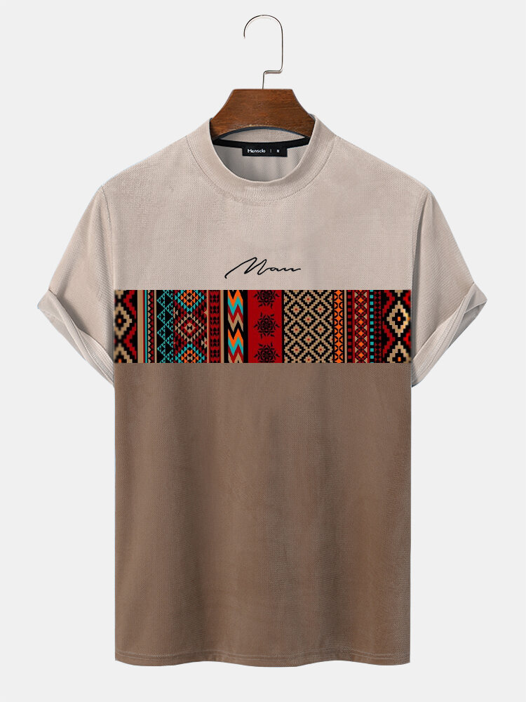 Heren vintage geometrisch patroon patchwork mock hals T-shirts met korte mouwen